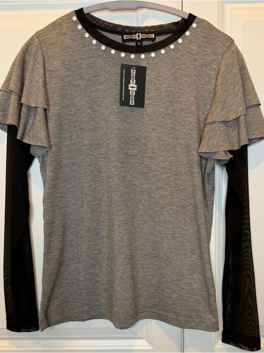 Rowdy Crowd Boutique Pearl Neck, Ruffle Sleeve Mesh Top NWT